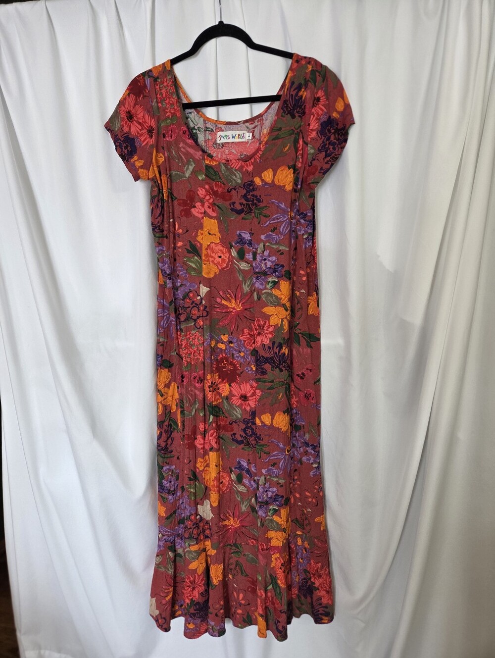 Jams World Redish Floral Scoop Neck Maxi Dress with Orange/Purple Blooms Size L - Picture 2 of 9